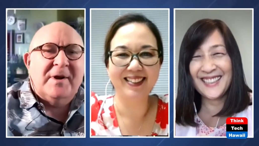 ThinkTech Hawaii screen featuring host Jay Fidell with Jill Tokuda, co-director of CyberHawaii, and Jodi Ito, chair of CyberHawaii and